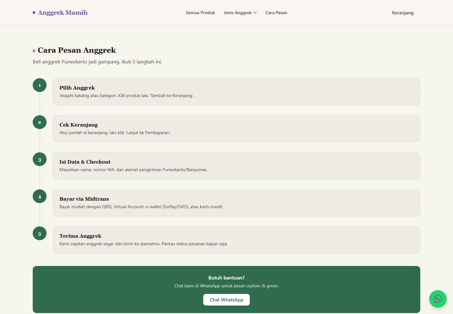 Toko Anggrek ordering guide with five steps for choosing orchids and placing an order.