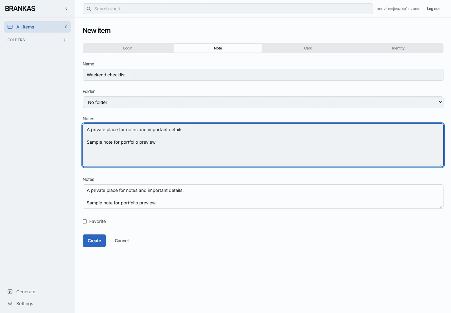 Brankas secure note editor with a fictional note and item type selector.