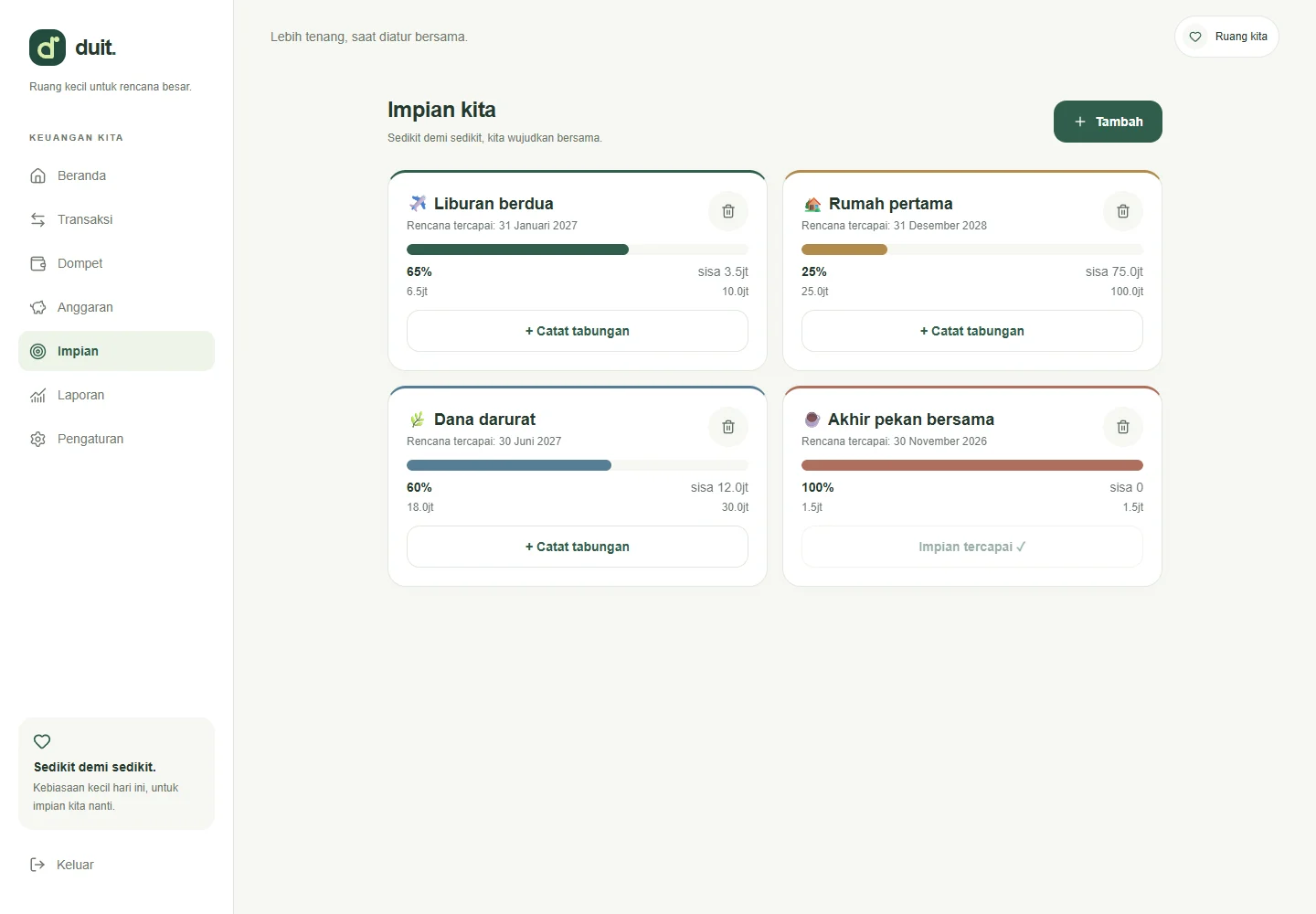 Tabungan savings goals and progress using sample financial data.