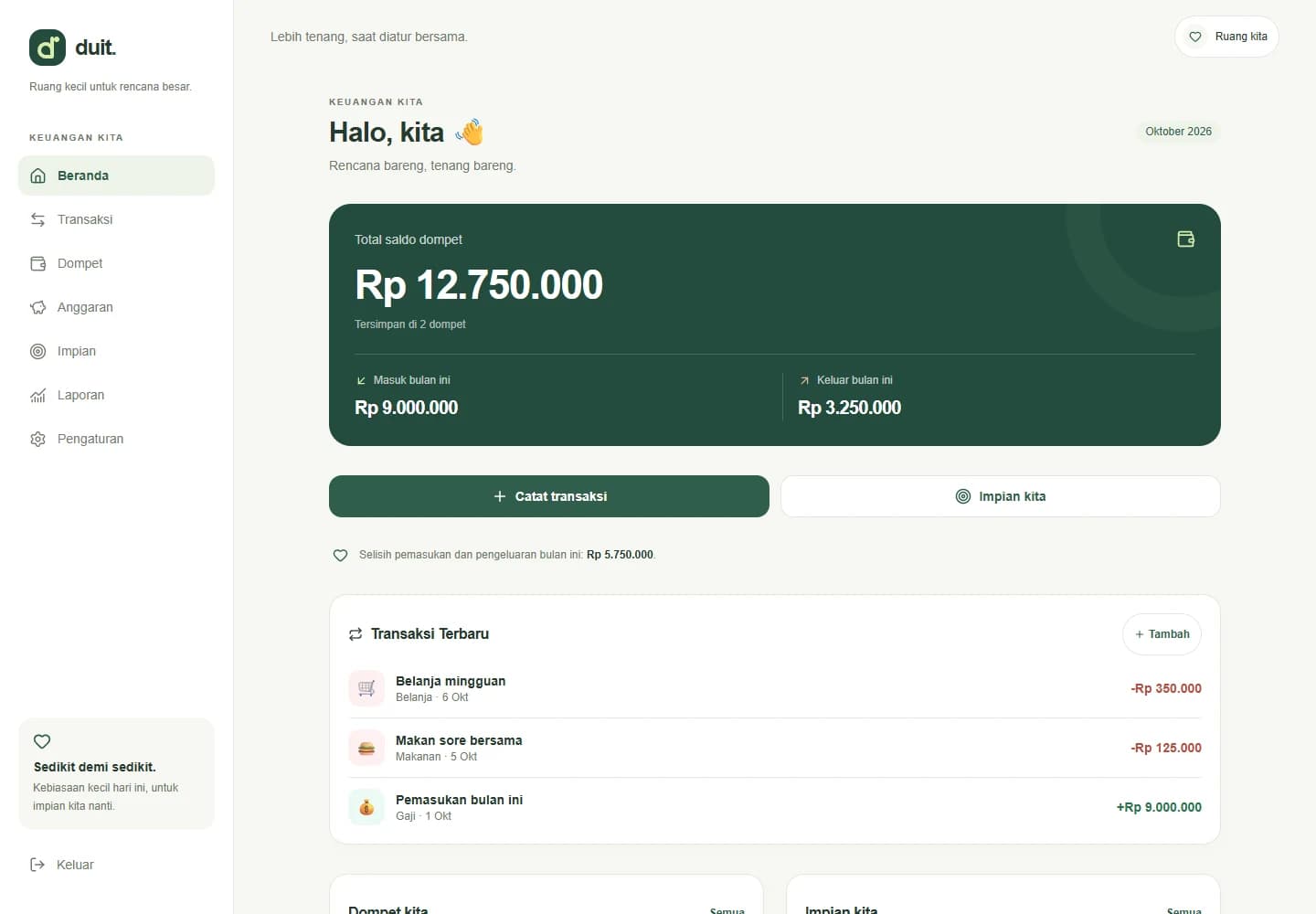 Tabungan dashboard with sample account balances, cash-flow summaries, and budget information.