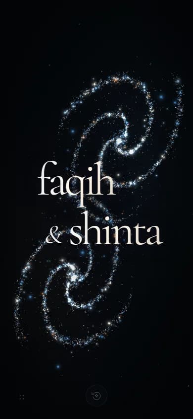 Faqih and Shinta’s names surrounded by spiral galaxies in the portrait mobile layout.
