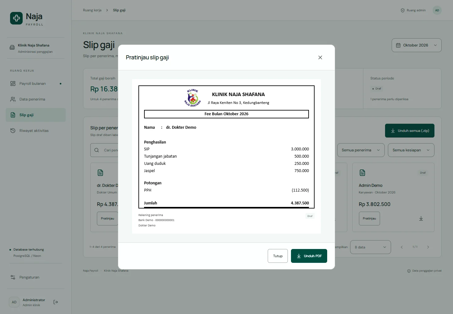 Payroll management salary slip preview for a fictional doctor with sample earnings and deductions.