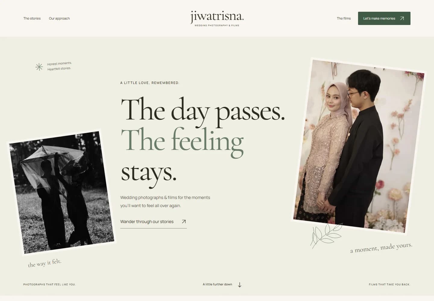 The locally running jiwatrisna photography website with editorial typography and wedding portraits.