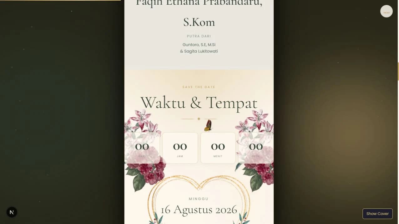 The locally running wedding invitation’s countdown and event-information section.