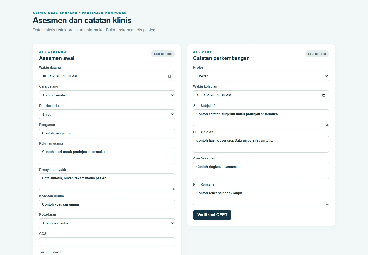RME Rawat Inap initial-assessment and SOAP note forms in a labelled synthetic component preview.