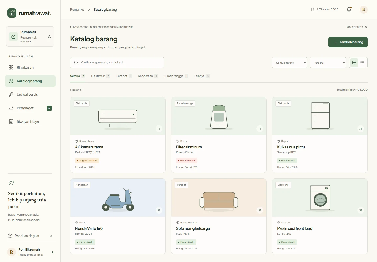Home Inventory catalog of sample household possessions with categories and item information.