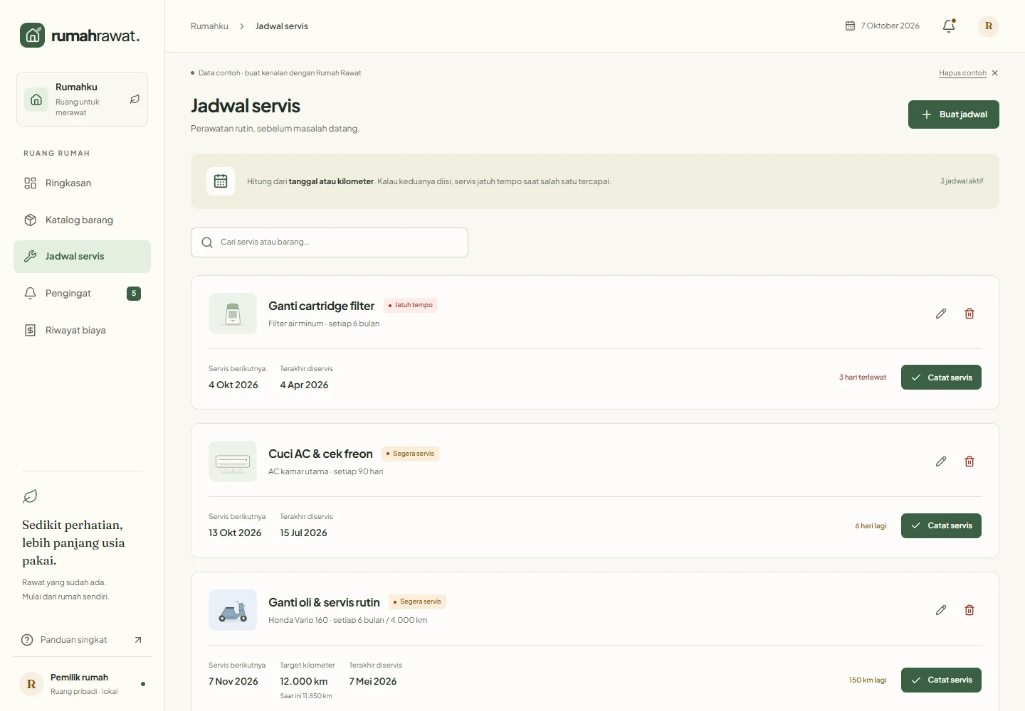 Home Inventory maintenance schedules and upcoming service tasks for sample household items.