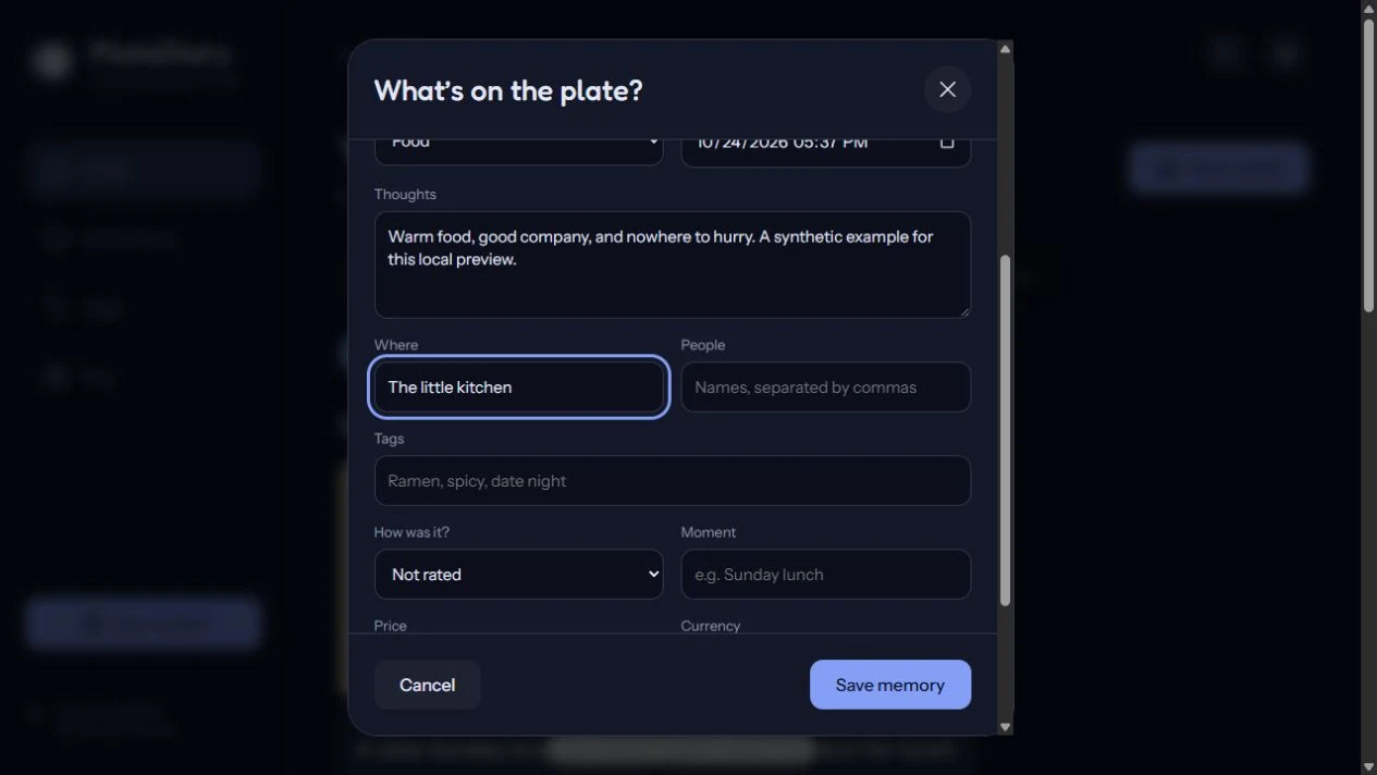 The local food diary entry editor with example notes, a place, tags, and rating controls.