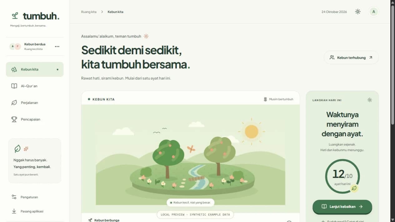 The local Quran habit tracker with an animated garden, two growing trees, and reading progress.