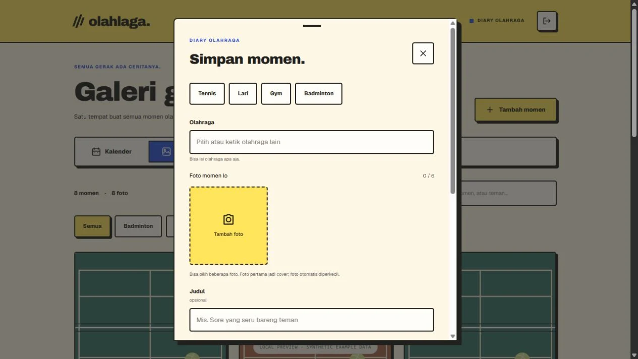 The local sports diary’s moment editor with sport, photo, date, and note controls.