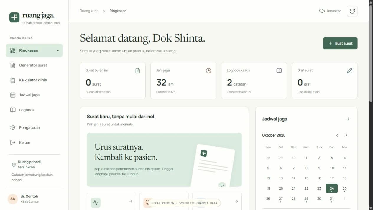The local doctor workspace dashboard with example shifts, a clinic-letter workflow, and a monthly calendar.