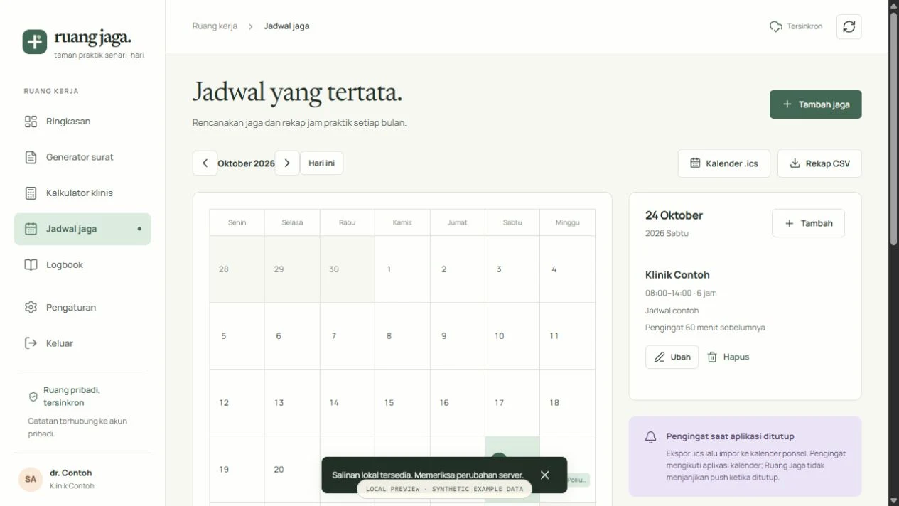 The local doctor workspace’s monthly shift calendar with example sessions.