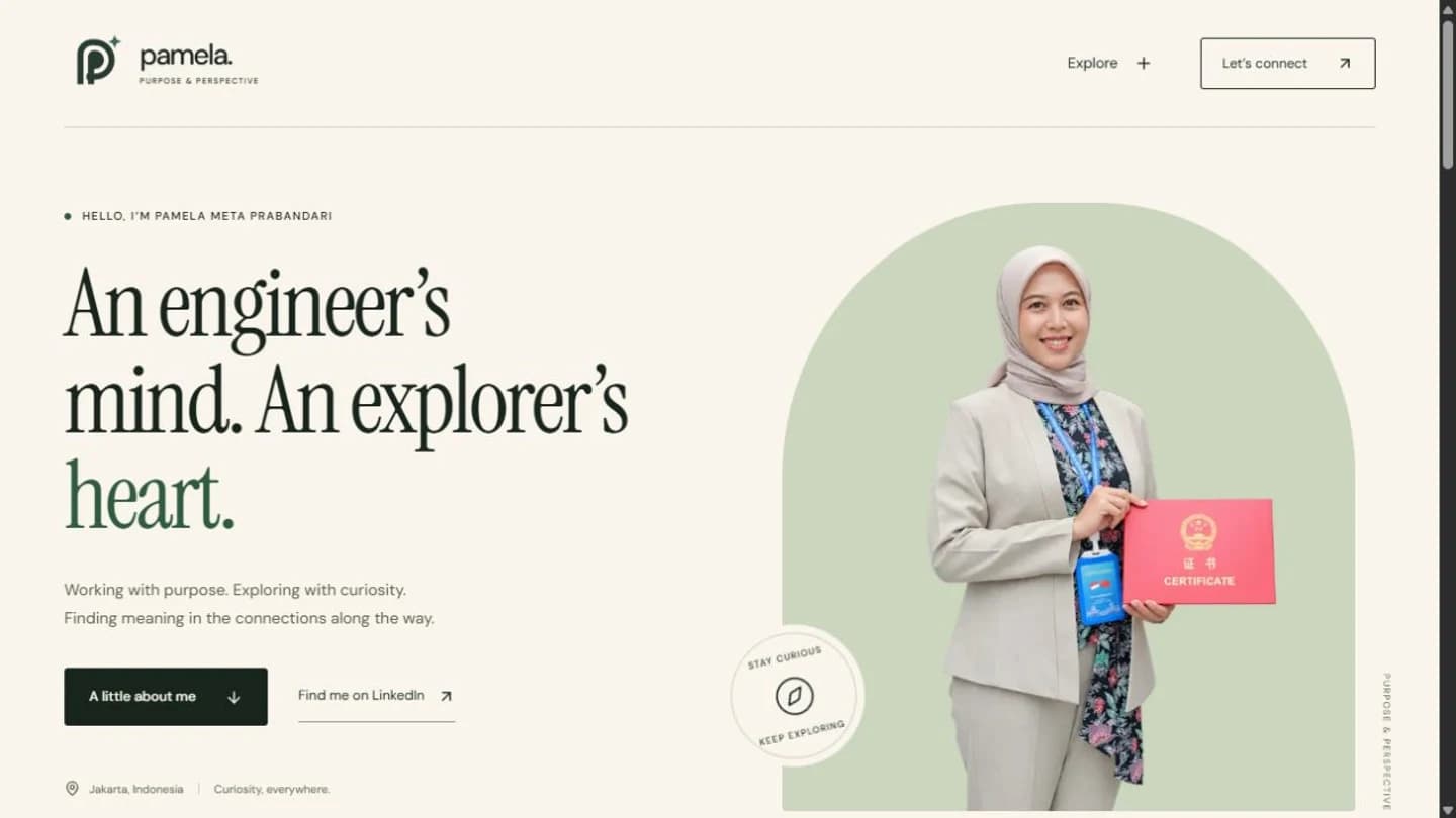 Pamela Meta Prabandari’s live personal homepage with a cream-and-sage design, editorial heading, and portrait.